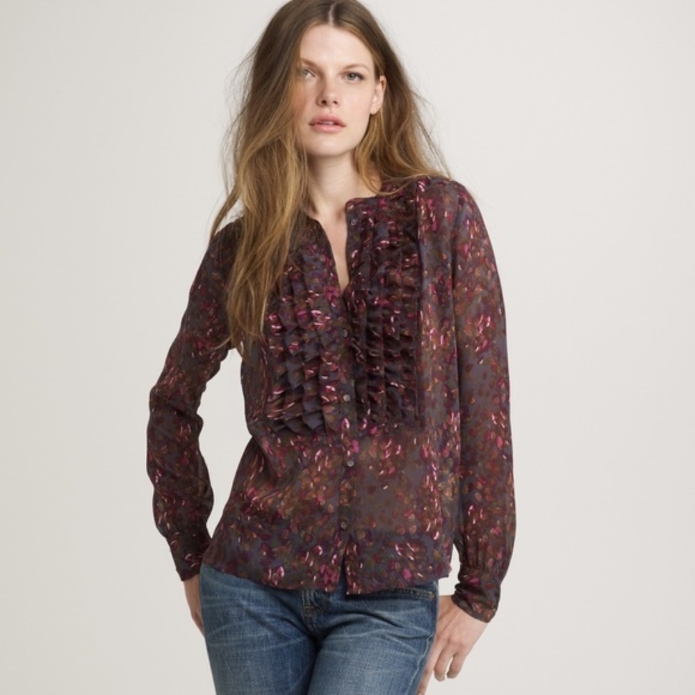 J. Crew Bayberry Flouncette Silk Floral Blouse